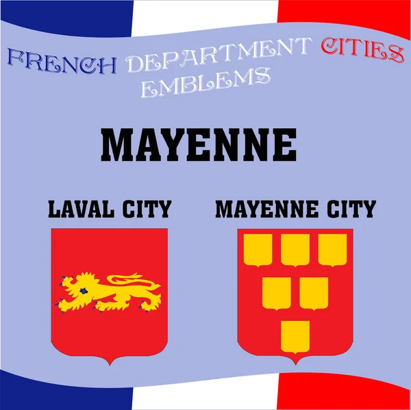 Banderas y emblemas de las ciudades del departamento francés. Ciudades de Departm — Vector de stock