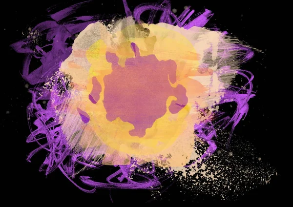 Abstração da tinta amarela sobre um fundo violeta na forma de uma água-viva flutuando nadando no oceano mar, textura da pintura — Fotografia de Stock