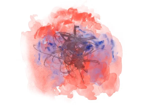 Blau-rote Aquarell-Spritzillustration. abstrakte Textur. Pinselstriche blauer Farbe isoliert auf weißem Hintergrund. — Stockfoto