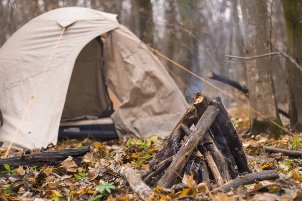 A tűz az erdőben a háttérben sátor — Stock Fotó