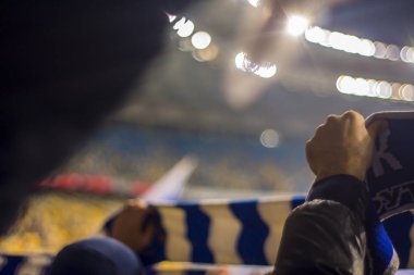 futbol takımının bayrakları tutan stadyumda fanlar