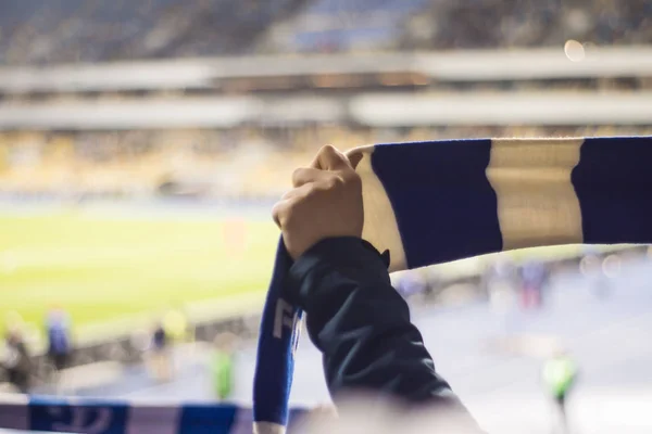 Шанувальники стадіону тримають прапори своєї футбольної команди — стокове фото