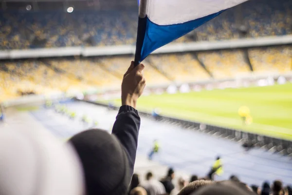 Futbol takımının bayrakları tutan stadyumda fanlar — Stok fotoğraf