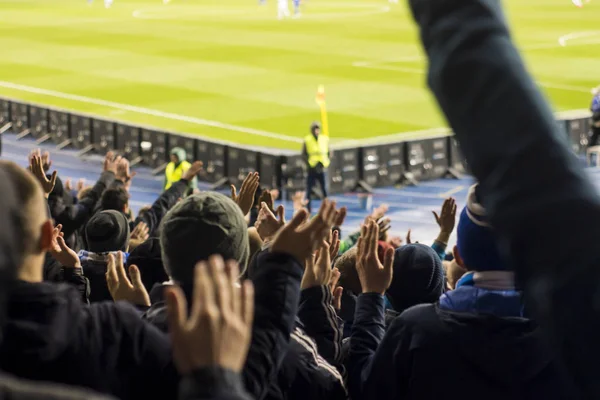 Silhouettes and hands of fans at a football stadium — Stock Photo, Image