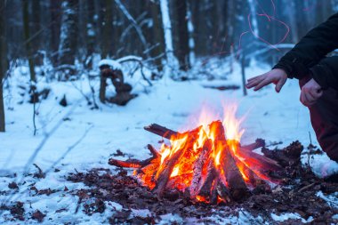 kış orman, turizm sıcak çay bir tencerede, kar