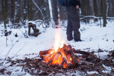 kış orman, turizm sıcak çay bir tencerede, kar