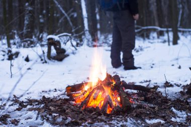 kış orman, turizm sıcak çay bir tencerede, kar