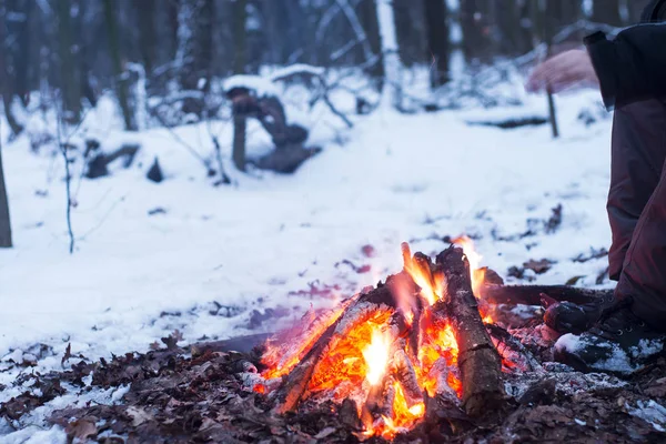 kış orman, turizm sıcak çay bir tencerede, kar