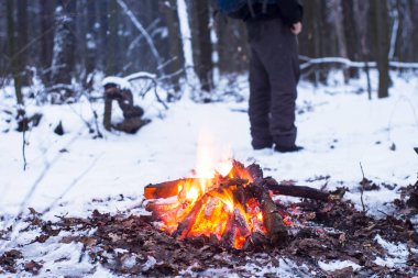 kış orman, turizm sıcak çay bir tencerede, kar