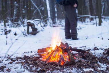 kış orman, turizm sıcak çay bir tencerede, kar