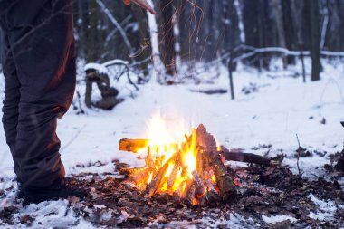 kış orman, turizm sıcak çay bir tencerede, kar