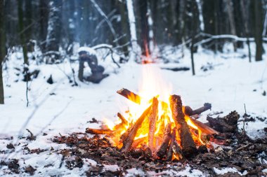 Alacakaranlık ormanın içinde. Çevresinde kar ve sadece kamp ateşi zor zaman hayatta kalmak sağlar.