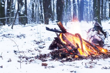 Alacakaranlık ormanın içinde. Çevresinde kar ve sadece kamp ateşi zor zaman hayatta kalmak sağlar.