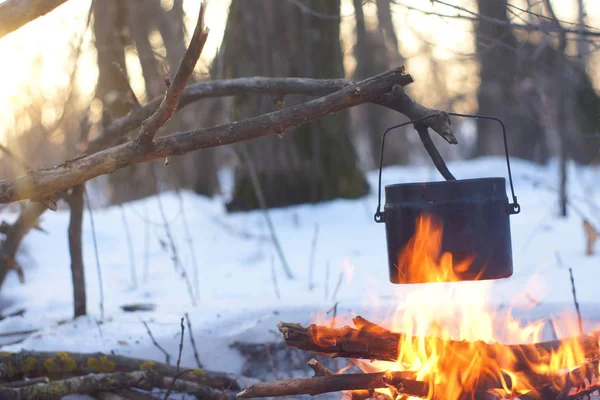 Горшок кипящей воды на огне согревается в зимнем лесу , — стоковое фото