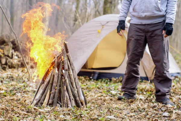 A tavaszi erdő egy sátorban a tűz egy — Stock Fotó