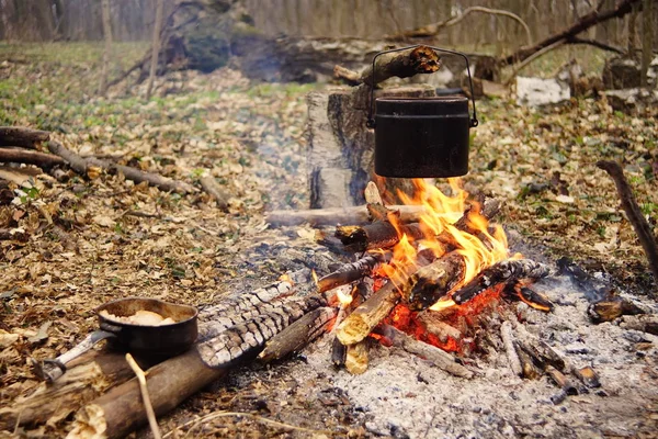 Preparing food on campfire in wild camping as