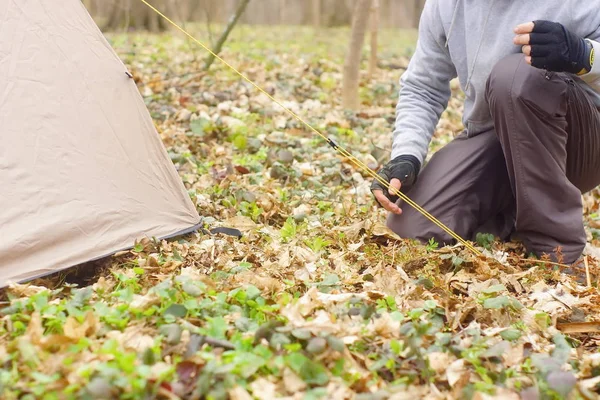 Junger Mann stellt ein Zelt in den Wald — Stockfoto