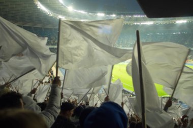 Futbol-futbol hayranları onların takım destek ve hedefi ile güzel gökyüzü. açık hava ile dolu stadyumda kutlamak-resim görüntü.