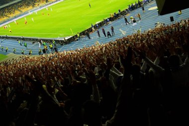 Futbol-futbol hayranları onların takım destek ve hedefi ile güzel gökyüzü. açık hava ile dolu stadyumda kutlamak-resim görüntü.