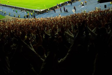 Futbol-futbol hayranları onların takım destek ve hedefi ile güzel gökyüzü. açık hava ile dolu stadyumda kutlamak-resim görüntü.