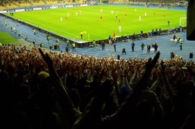 Futbol-futbol hayranları onların takım destek ve hedefi ile güzel gökyüzü. açık hava ile dolu stadyumda kutlamak-resim görüntü.