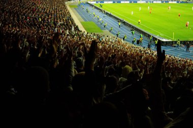 Futbol-futbol hayranları onların takım destek ve hedefi ile güzel gökyüzü. açık hava ile dolu stadyumda kutlamak-resim görüntü.