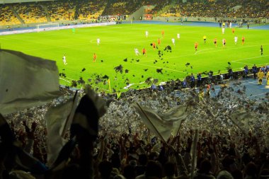 Futbol-futbol hayranları onların takım destek ve hedefi ile güzel gökyüzü. açık hava ile dolu stadyumda kutlamak-resim görüntü.