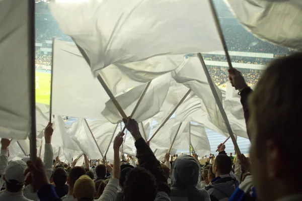 Los fanáticos del fútbol apoyan a su equipo y celebran el gol en el estadio completo al aire libre con un bonito cielo. . —  Fotos de Stock