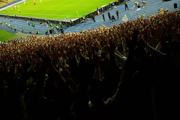 Los fanáticos del fútbol apoyan a su equipo y celebran el gol en el estadio completo al aire libre con un bonito cielo. . — Foto de Stock