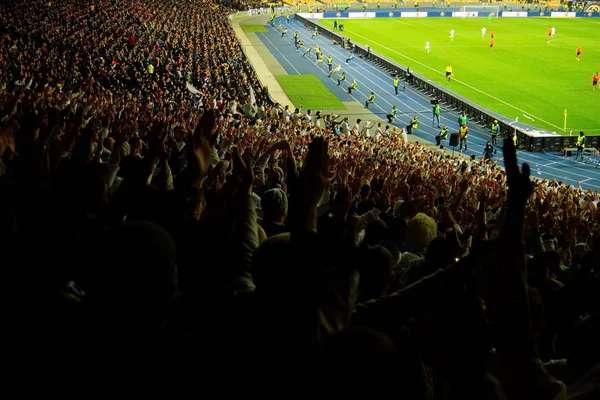Los fanáticos del fútbol apoyan a su equipo y celebran el gol en el estadio completo al aire libre con un bonito cielo. . — Foto de Stock