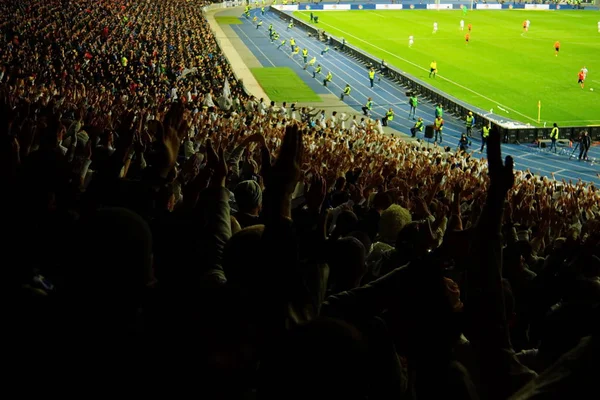 Los fanáticos del fútbol apoyan a su equipo y celebran el gol en el estadio completo al aire libre con un bonito cielo. . — Foto de Stock