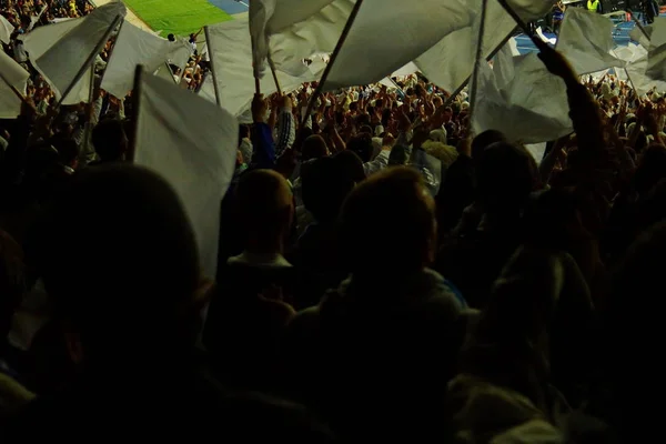 Los fanáticos del fútbol apoyan a su equipo y celebran el gol en el estadio completo al aire libre con un bonito cielo. . — Foto de Stock