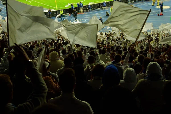 I tifosi di calcio sostengono la loro squadra e celebrano il gol in pieno stadio all'aperto con un bel cielo. . — Foto Stock