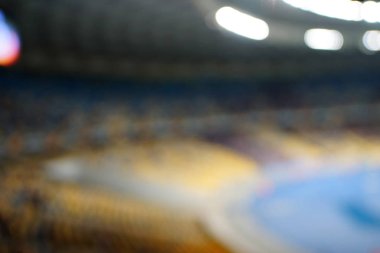 Bulanık boş gece grand futbol ışıklar arenada. Futbol ya da futbol oyuncu. Bokeh ile soyut spor arka plan.