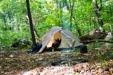 Bir şenlik ateşi ve ormandaki bir turist çadır, çadır turist dinleniyor.