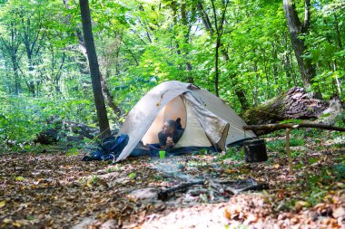 Bir şenlik ateşi ve ormandaki bir turist çadır, çadır turist dinleniyor.