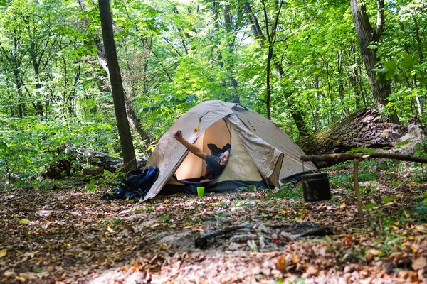 Bir şenlik ateşi ve ormandaki bir turist çadır, çadır turist dinleniyor.
