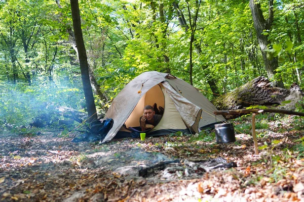 Bir şenlik ateşi ve ormandaki bir turist çadır, çadır turist dinleniyor.
