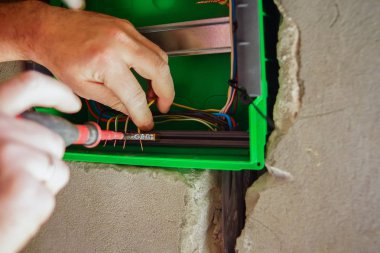 Eller elektrik tesisatı drywall duvarda delik yoluyla çekti.