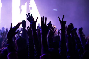 kalabalık seyirci kadar eller yükselterek bir müzik konserinde