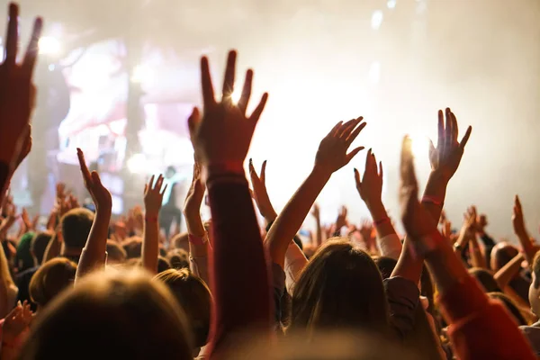 Crowd at a music concert, audience raising hands up — Stock Photo, Image