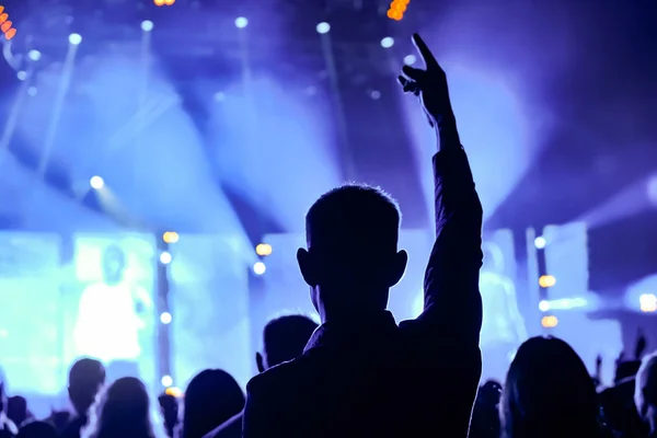 Multidão em um concerto de música, público levantando as mãos — Fotografia de Stock