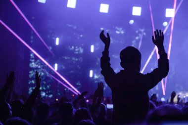 Çocuk bir açık hava rock müzik konserinde onlarla el ele tutuşarak ailesinin omuzlarında eğlenceli