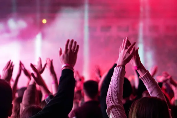 Crowd cheering and hands raised at a live music concert — Stock Photo, Image