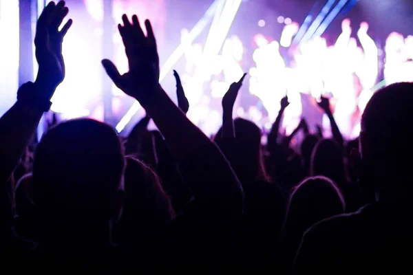 Crowd cheering and hands raised at a live music concert — Stock Photo, Image