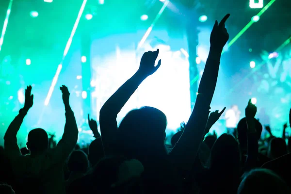 crowd cheering and hands raised at a live music concert