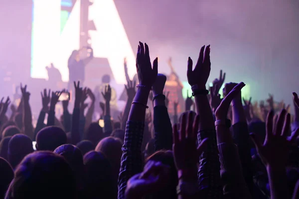 Acclamazioni della folla e mani alzate in un concerto di musica dal vivo — Foto Stock