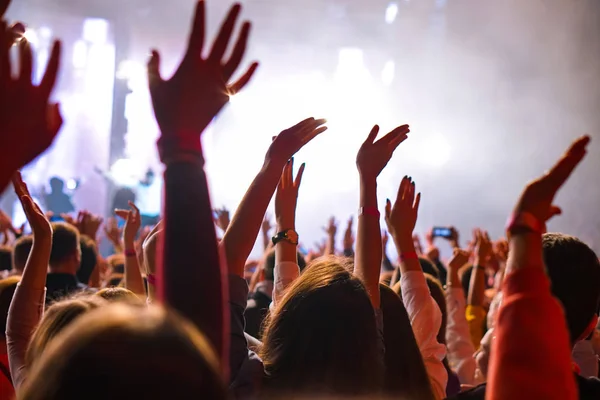 Crowd cheering and hands raised at a live music concert — Stock Photo, Image