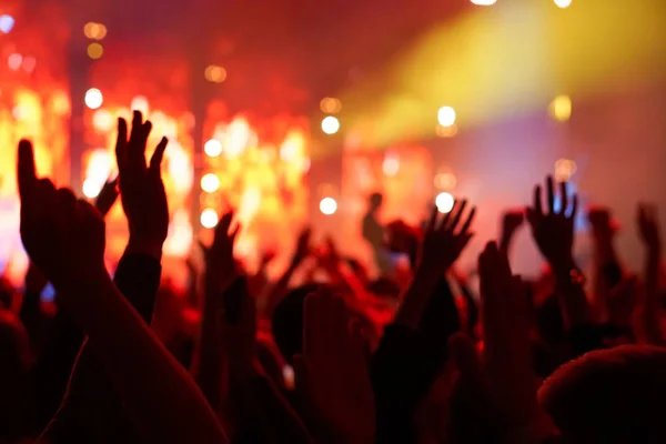 crowd cheering and hands raised at a live music concert