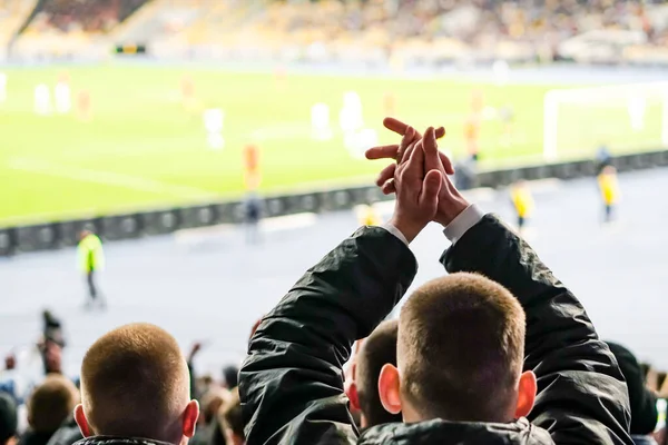 雪が降っている間 プロのスタジアムのスタンドで自分の好きなスポーツチームの成功を祝うファン — ストック写真